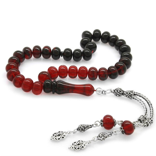 925 Sterling Silver Tasseled Wheel Cut Strained Red-Black Fire Amber Rosary