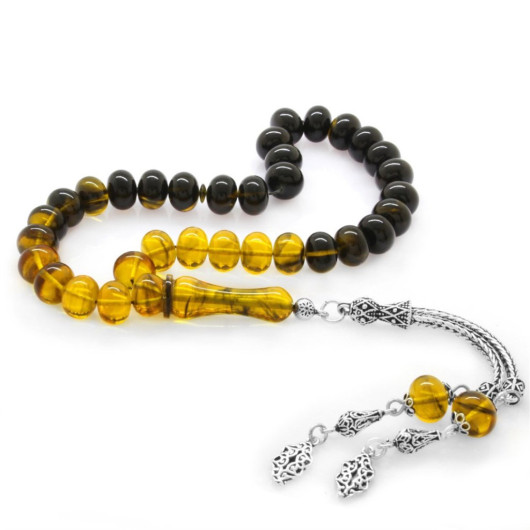 925 Sterling Silver Tasseled Wheel Cut Strained Yellow-Black Fire Amber Rosary