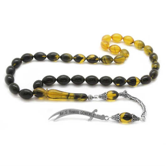 925 Sterling Silver Zülfikar Tassel Personalized Name Written Filtered Yellow-Black Fire Amber Rosary