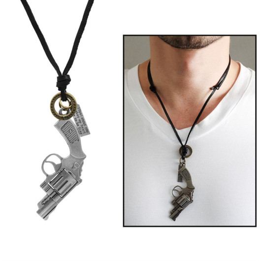 Revolver Design Adjustable Rope Chain Brass Men's Necklace