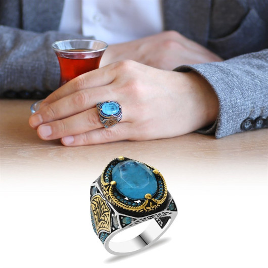 Aqua Paraiba 925 Sterling Silver Men's Ring With Stone Edges And Pencil Work Detail