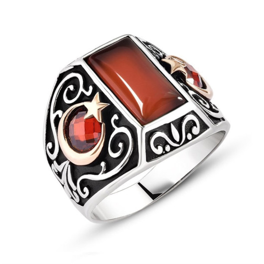 Crescent And Star Embroidered Red Agate Stone 925 Sterling Silver Men's Ring
