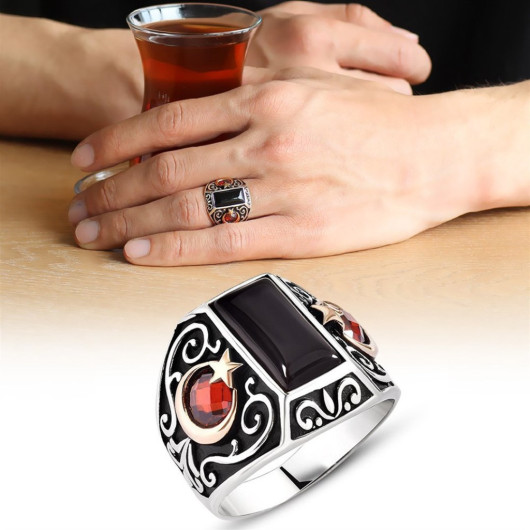 Moon And Star Embroidered Black Onyx Stone 925 Sterling Silver Men's Ring