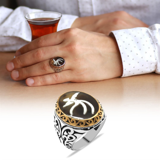 925 Sterling Silver Ring With Mother Of Pearl Inlaid "Whirling Dervish" Motif On Tortoiseshell