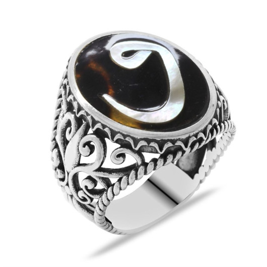 Mother Of Pearl Inlaid "Vav" Motif Handcrafted 925 Sterling Silver Ring On Tortoiseshell