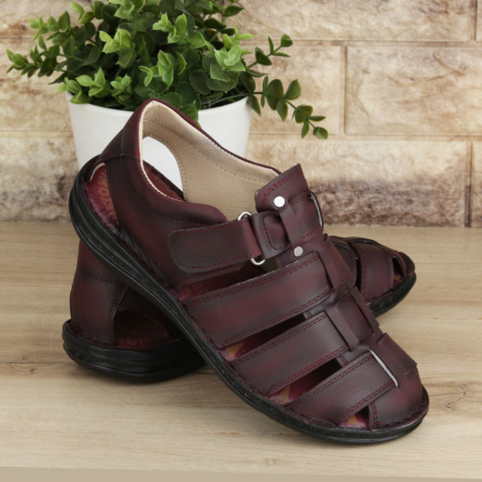 Claret Red Genuine Leather Men's Sandals