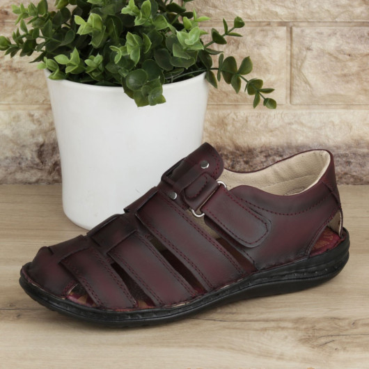 Claret Red Genuine Leather Men's Sandals