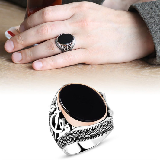 Elif Vav Embroidered Black Onyx Stone 925 Sterling Silver Suveyda Ring