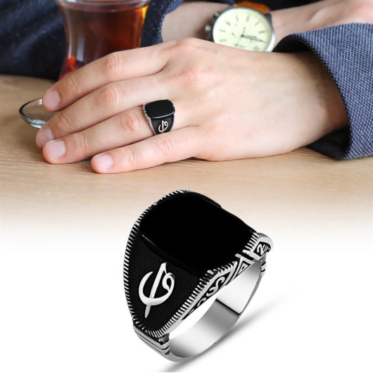 Elif Vav Written Black Onyx Stone 925 Sterling Silver Men's Ring