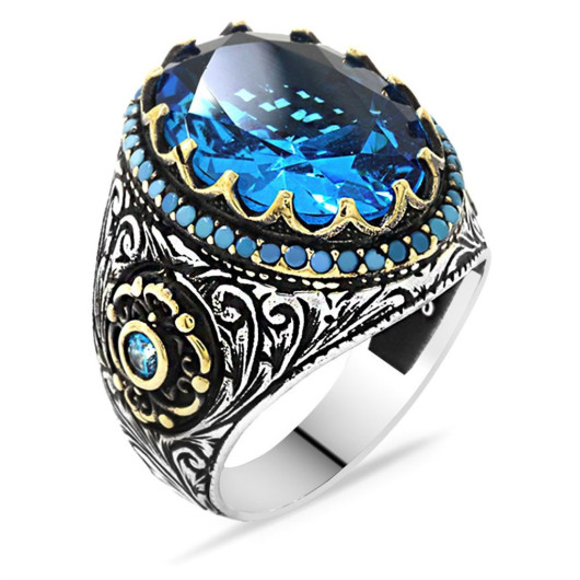 Facet Cut Aqua Blue Zircon Stone 925 Sterling Silver Men's Ring