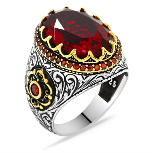 Facet Cut Red Zircon Stone 925 Sterling Silver Men's Ring