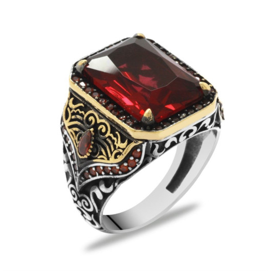 Facet Cut Red Zircon Stone Square Design 925 Sterling Silver Men's Ring