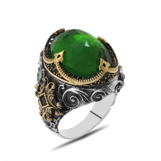 خاتم من الفضة عيار 925 بتصميم ملك من حجر الزركون لون أخضر