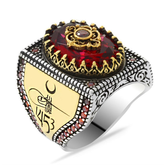 Fetih 1453 Themed Facet Cut Red Zircon Stone 925 Sterling Silver Men's Ring