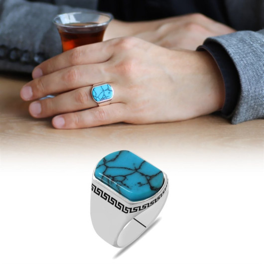 Flat Design Turquoise Stone 925 Sterling Silver Men's Ring