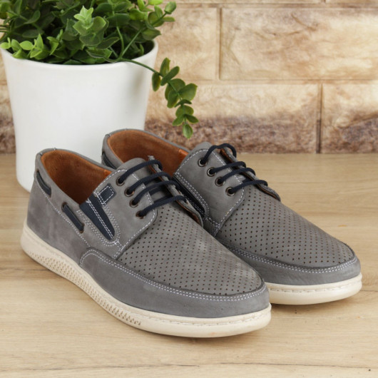 Gray Lace-Up Genuine Leather Men's Casual Shoes