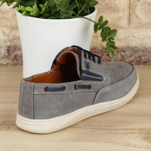 Gray Lace-Up Genuine Leather Men's Casual Shoes