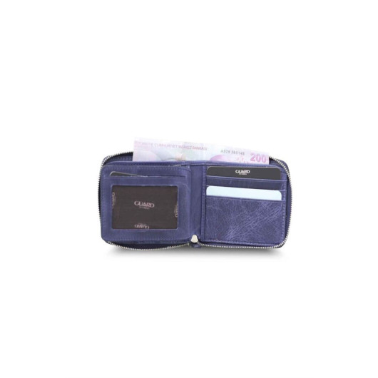 Guard Antique Navy Blue Zipper Horizontal Mini Leather Wallet