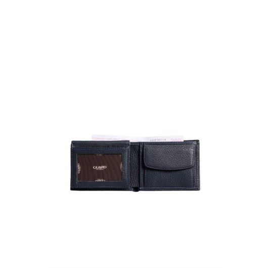 Guard Coin Pitted Navy Blue Genuine Leather Horizontal Men's Wallet