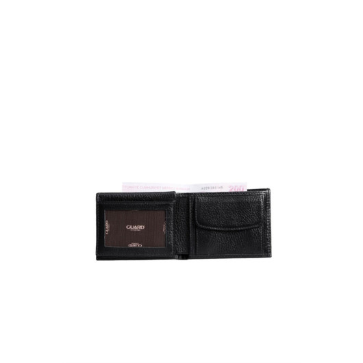 Guard Coin Pitted Black Genuine Leather Horizontal Men's Wallet