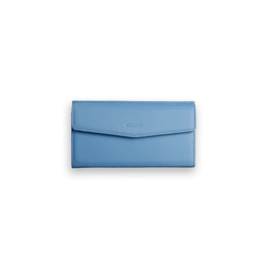 محفظة جلدية نسائية مع جيب للهاتف لون ازرق ثلجي