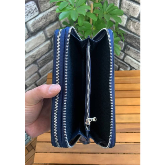 Guard Double Zippered Navy Blue Leather Clutch Bag