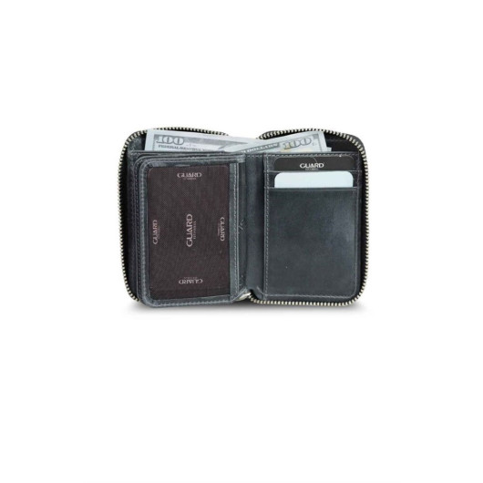 Guard Zipper Antique Black Leather Mini Wallet