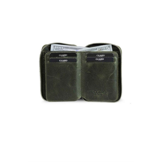 Guard Zipper Antique Green Leather Mini Wallet