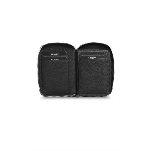 Guard Zipper Black Leather Mini Wallet