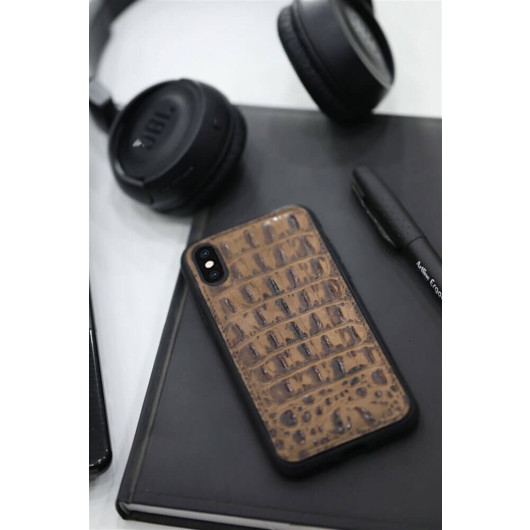 بيت هاتف Iphone X / Xs مصنوع من الجلد موديل طباعة تمساح بلون بني