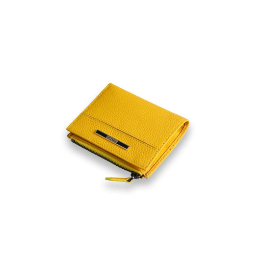 محفظة نسائية جلد طبيعي صغيرة الحجم لون اصفر بجيب فكة