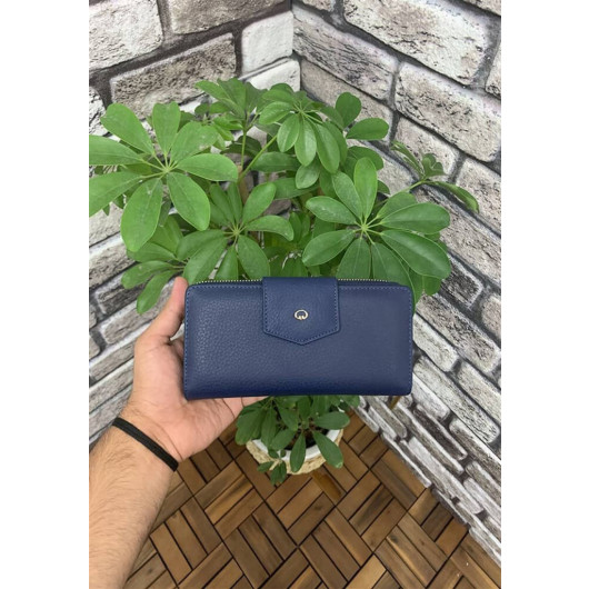Guard Matte Navy Blue Zippered And Leather Pleated Hand Portfolio