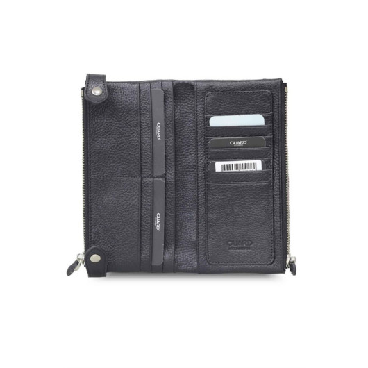 Guard Black Double Zippered Leather Women's Wallet With Phone Compartment