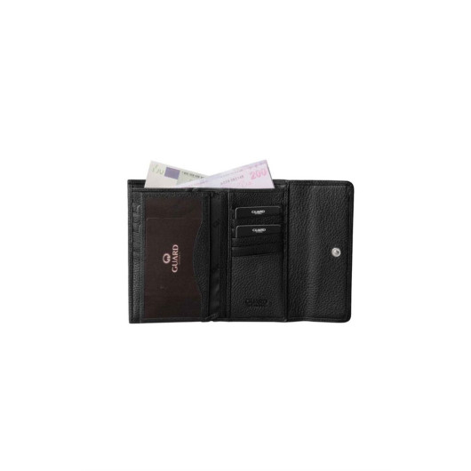 Guard Black Snap Fastener Genuine Leather Women's Wallet