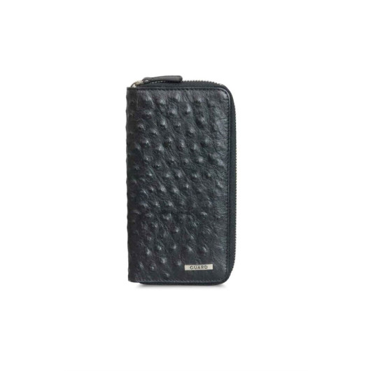 Guard Black Ostrich Print Zipper Portfolio Wallet
