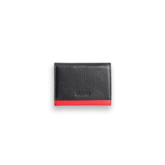 Black - Red Dual Color Compartment Genuine Leather Card Holder