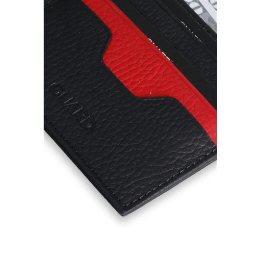 حافظة بطاقات من الجلد الأصلي لون أسود - أحمر