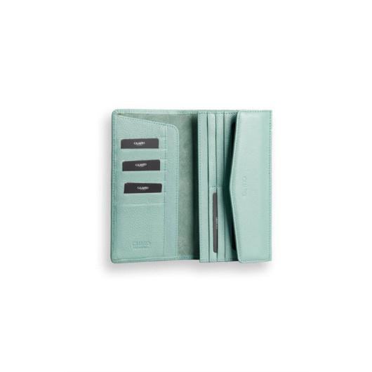 محفظة نسائية من الجلد مع قسم للهاتف بلون أخضر مائي