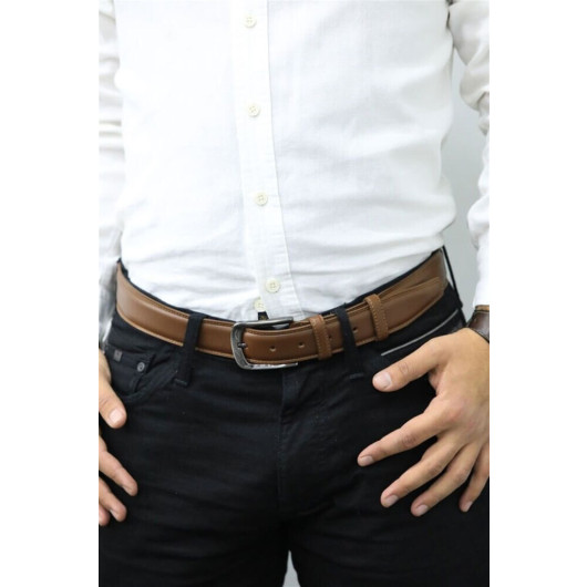 حزام رجالي من الجلد موديل كلاسيكي مطرز بلون ترابي من Guard عرض 3,5 سم