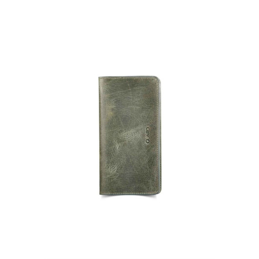 Leather Men/Women Portfolio Wallet With Phone Entry - Khaki Green
