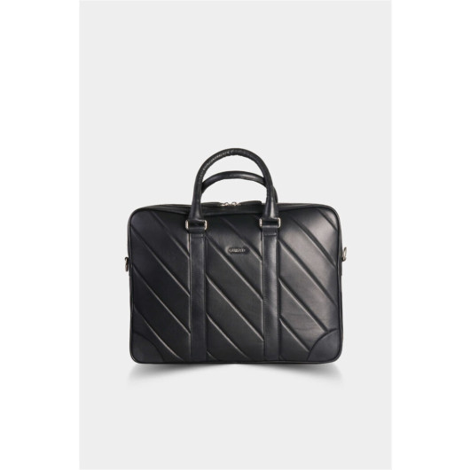 Guard Horizontal Stitched Leather Briefcase With Laptop Entry (Black)