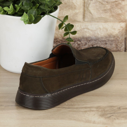 حذاء يومي للرجال من الجلد الطبيعي موديل Loafer  بلون زيتي