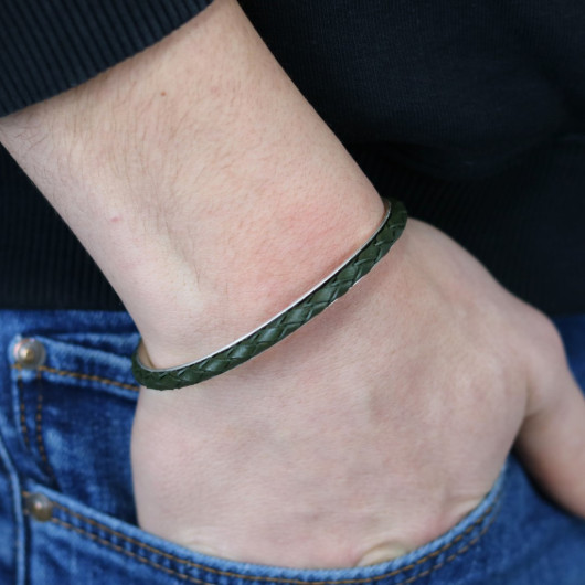 Khaki Knitted Leather Men's Bracelet