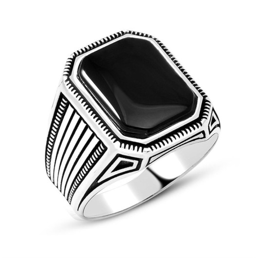 Rope Patterned Black Onyx Stone 925 Sterling Silver Men's Ring