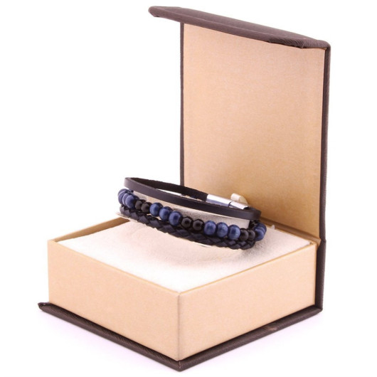 Straw Design Kuka Embroidered 3-Line Black-Navy Blue Steel-Leather Combination Bracelet