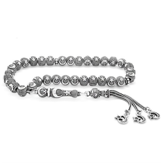 Wrist Size Sphere Cut 925 Sterling Silver Rosary, Each Embroidered Crescent And Star