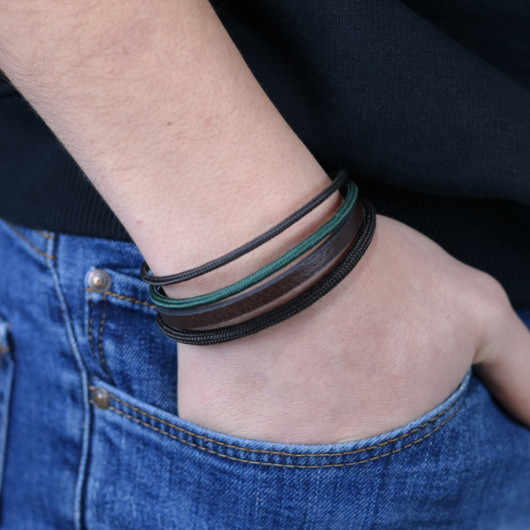 Brown Khaki Knitted Leather Men's Bracelet