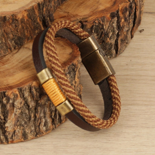 Brown Mustard Knitted Leather Men's Bracelet