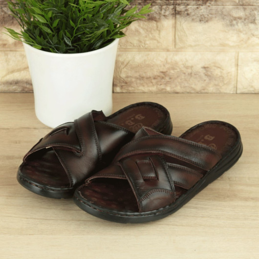 Brown Inner-Outer Genuine Leather Men's Slippers
