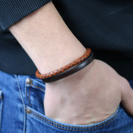 Brown Tan Knitted Leather Men's Bracelet